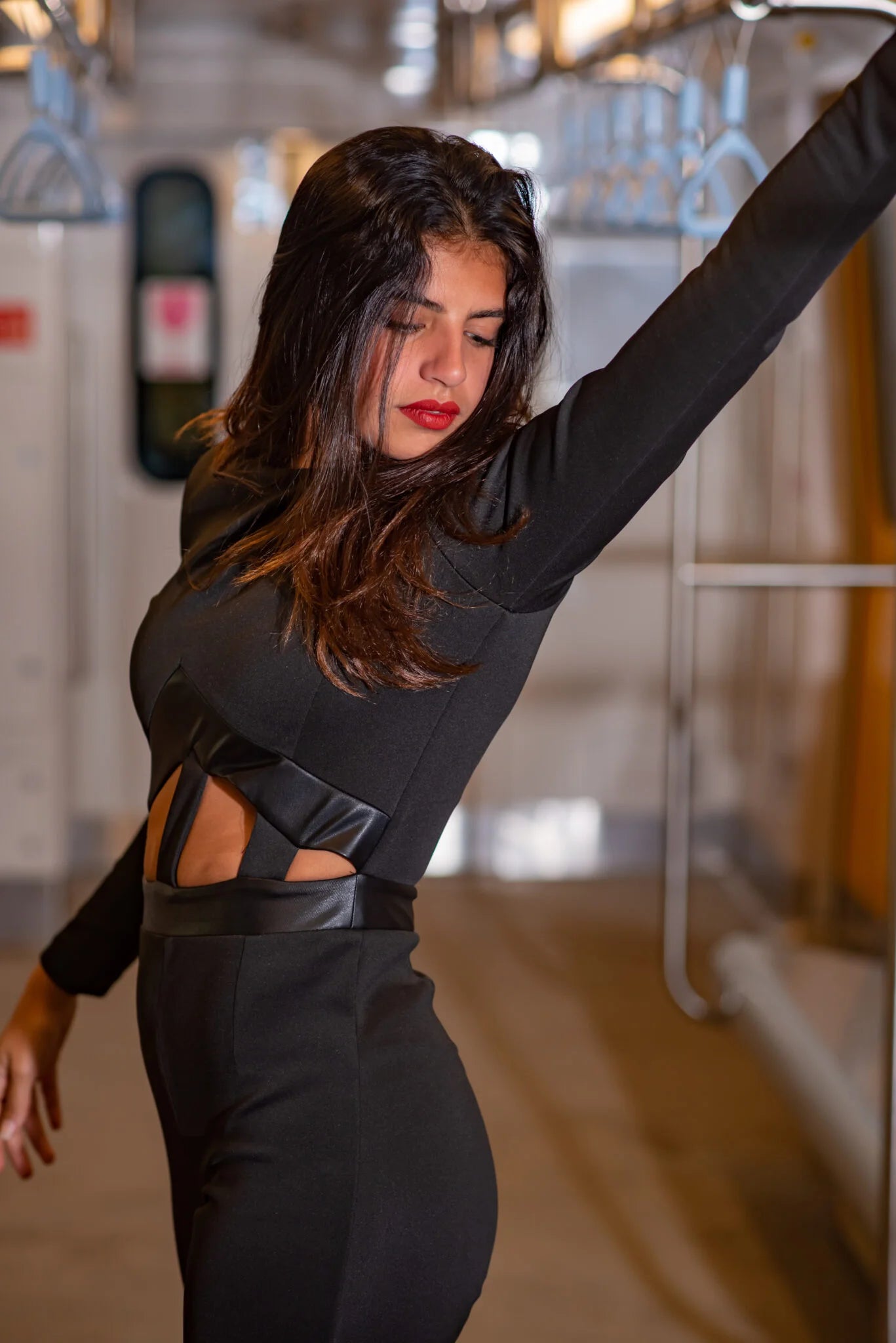Jumpsuit with leather cutouts