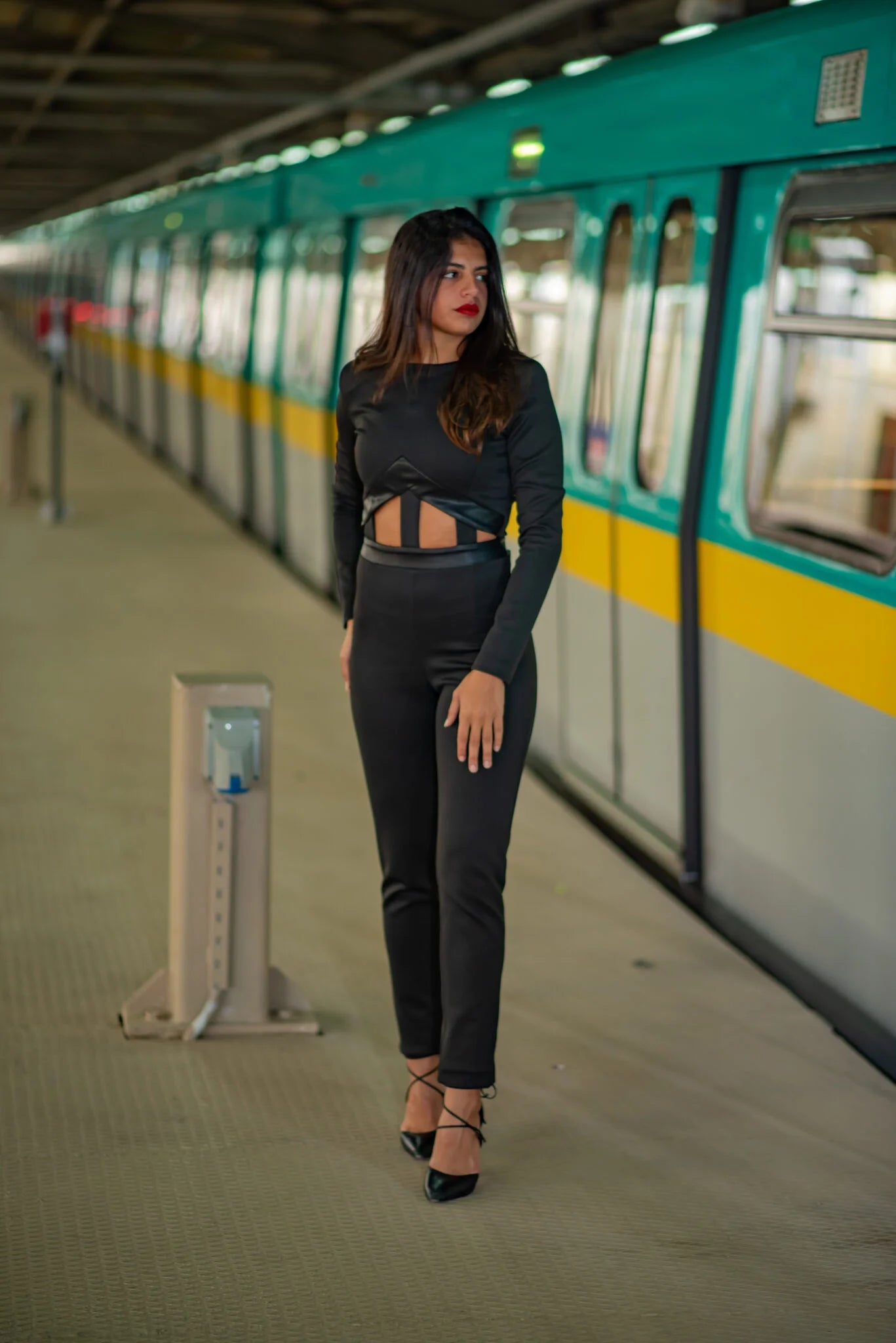 Jumpsuit with leather cutouts