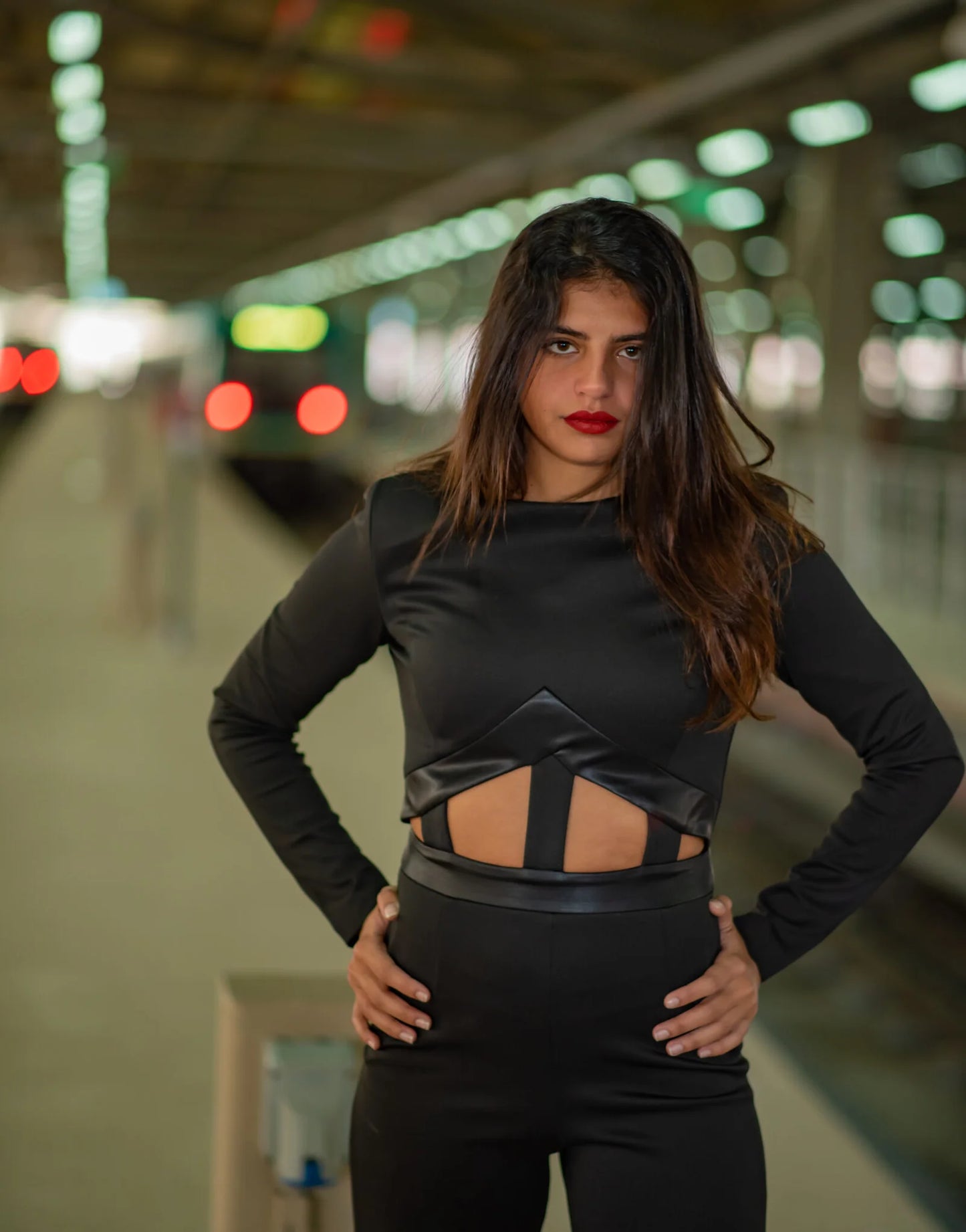 Jumpsuit with leather cutouts
