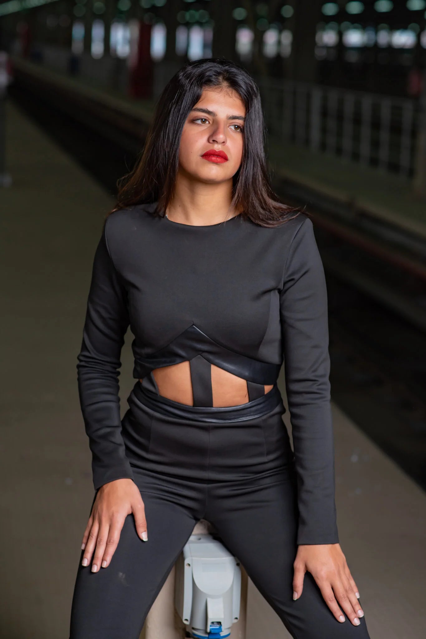 Jumpsuit with leather cutouts