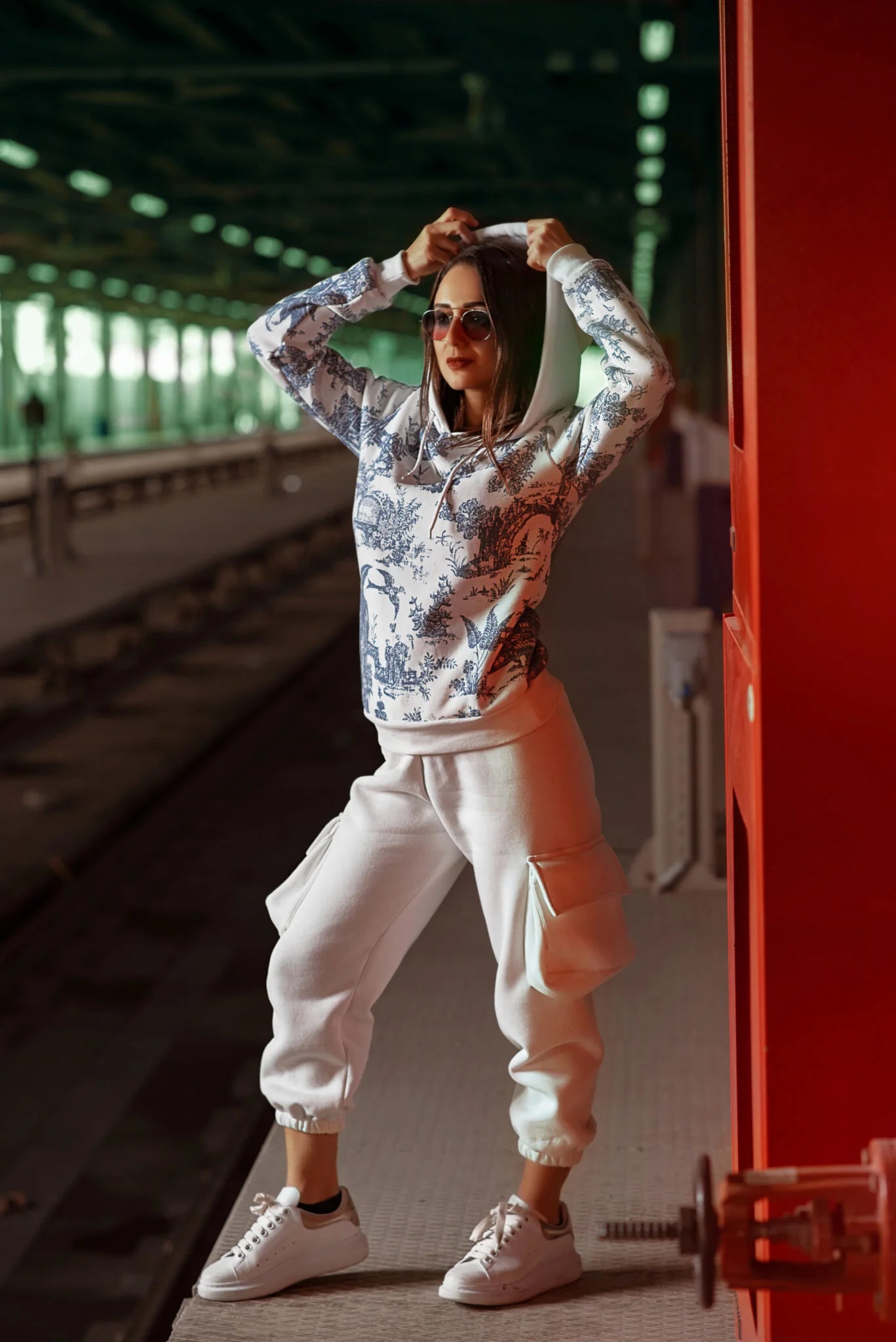 white sweatpants with puffy pockets