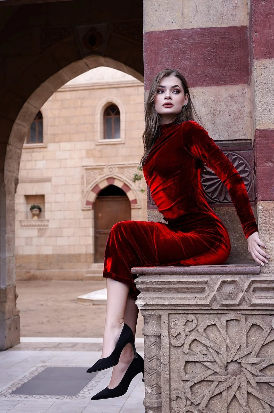 Red Velvet Midi Dress