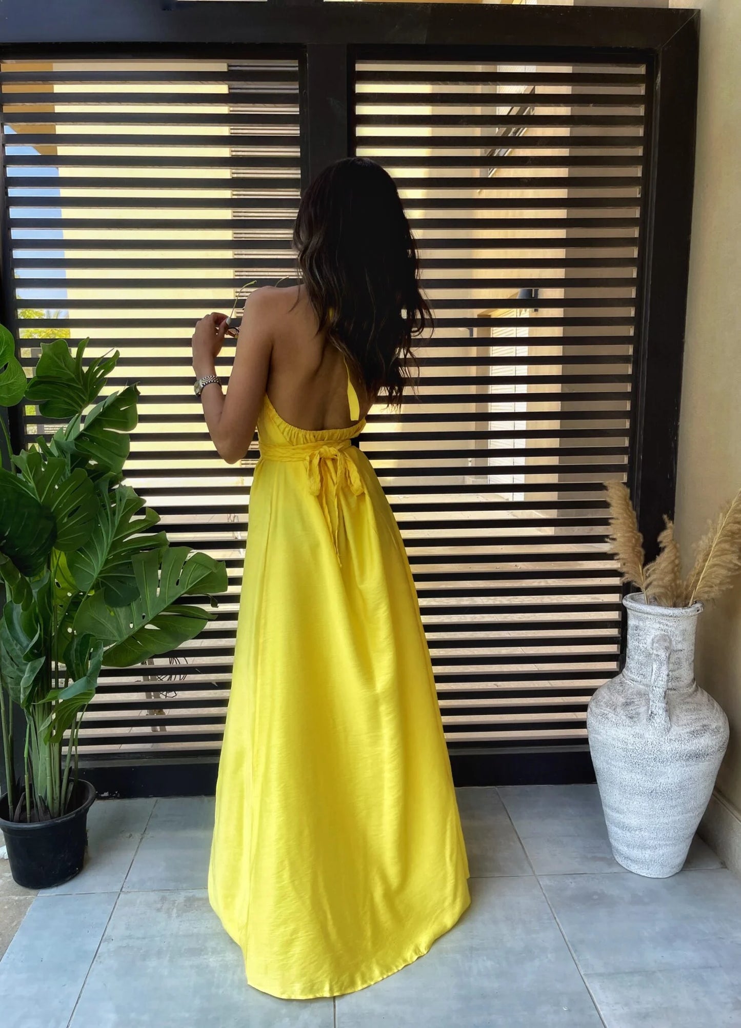 Yellow halter neck linen dress