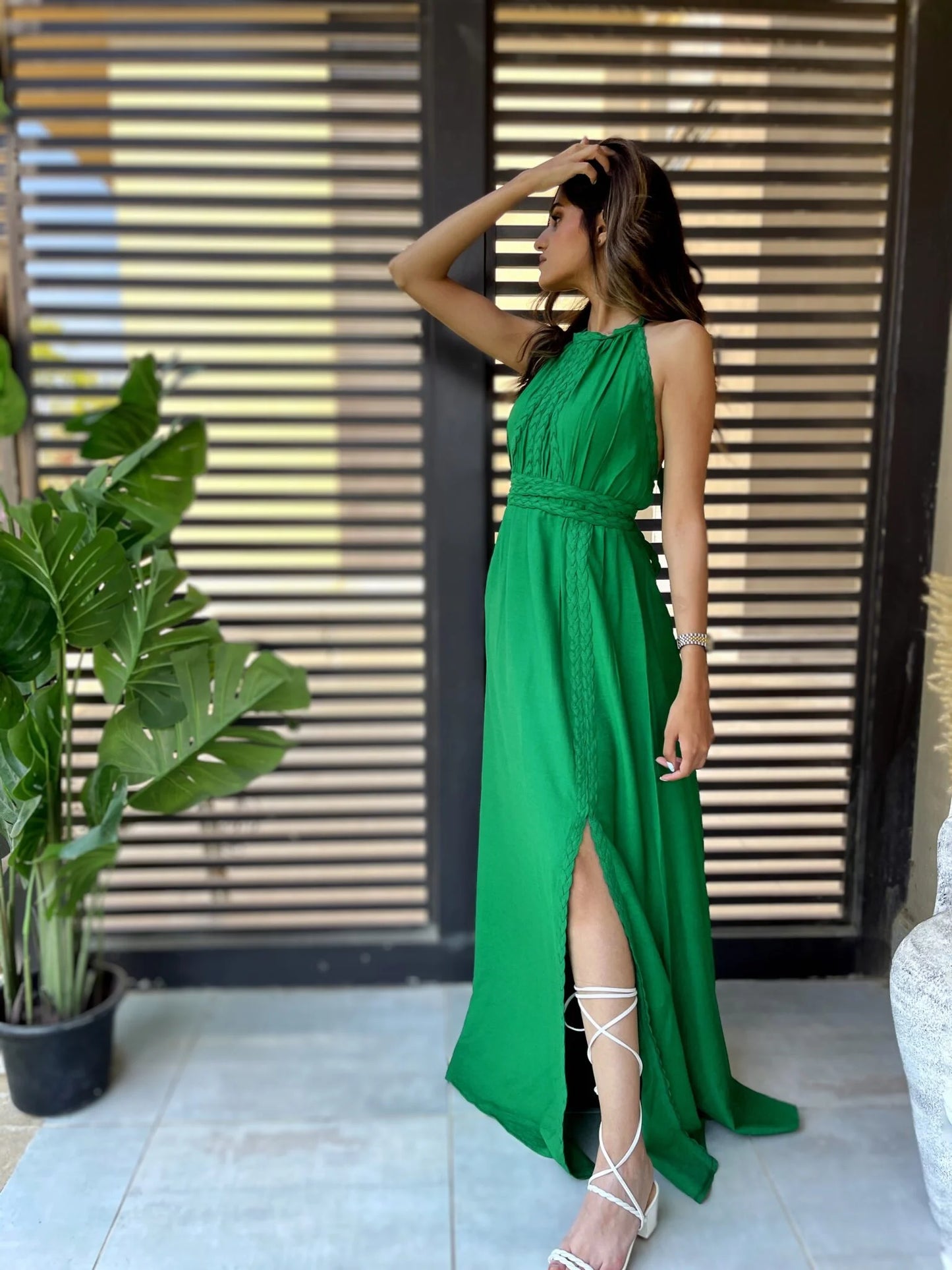 Green halter neck linen dress