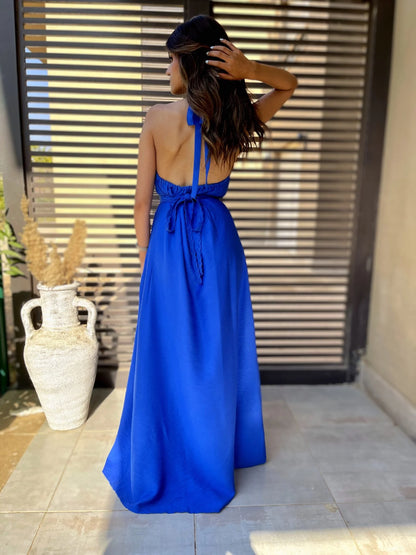 Blue halter neck linen dress