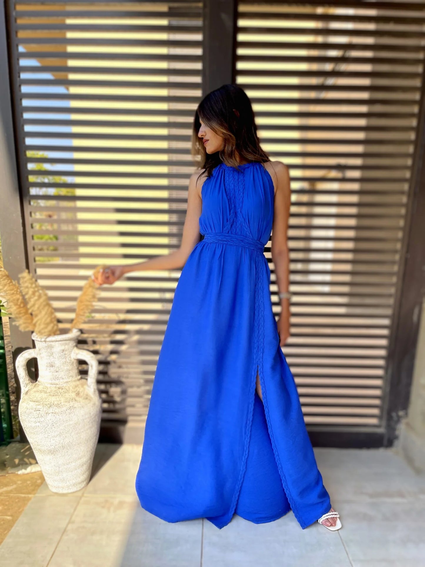 Blue halter neck linen dress