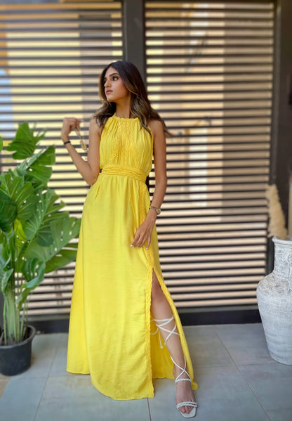 Yellow halter neck linen dress