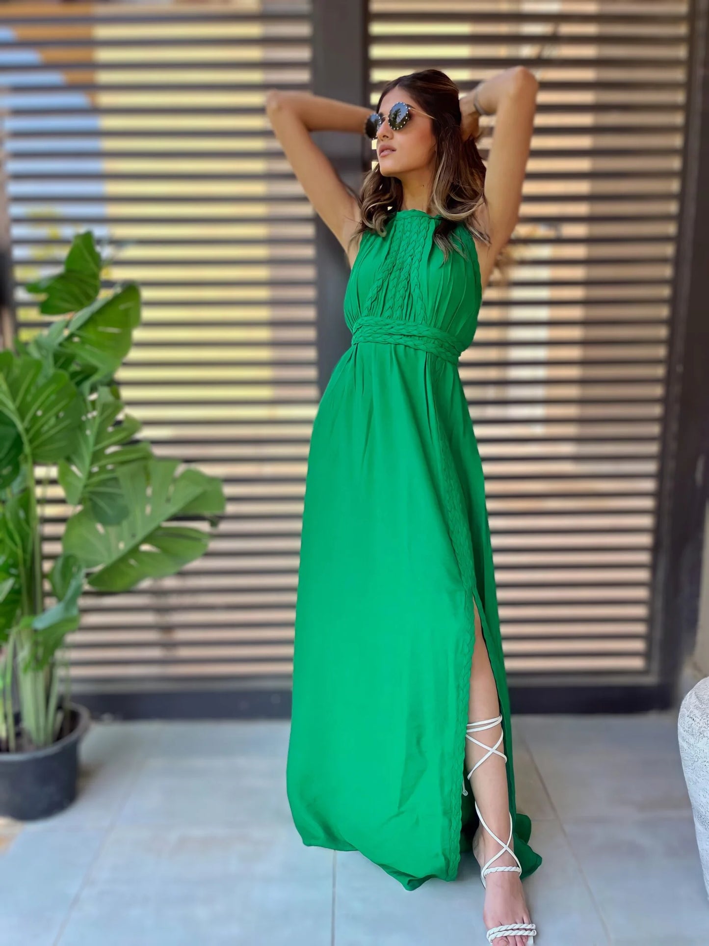 Green halter neck linen dress
