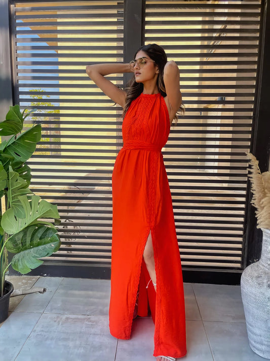 Orange halter neck linen dress