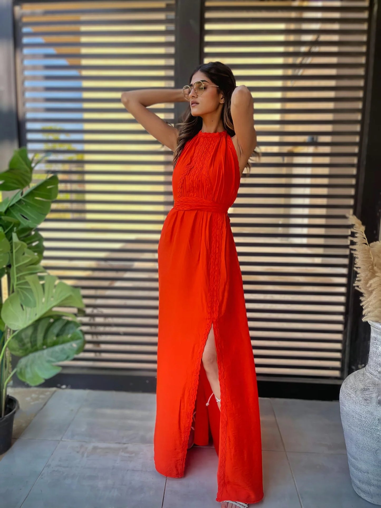 Orange halter neck linen dress