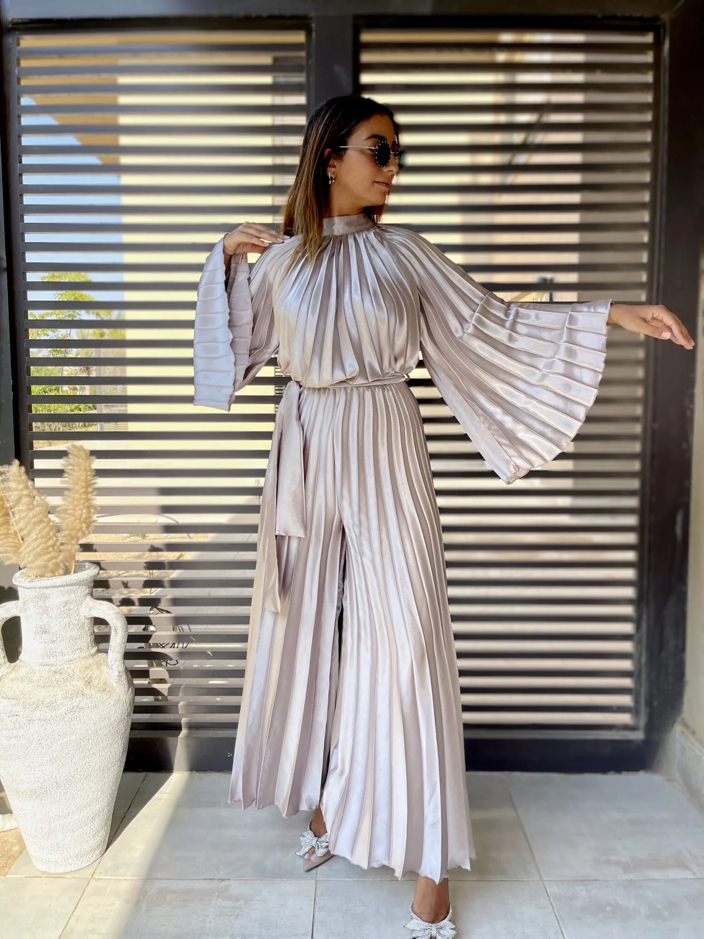 Silk satin Silver pleated jumpsuit with sleeves