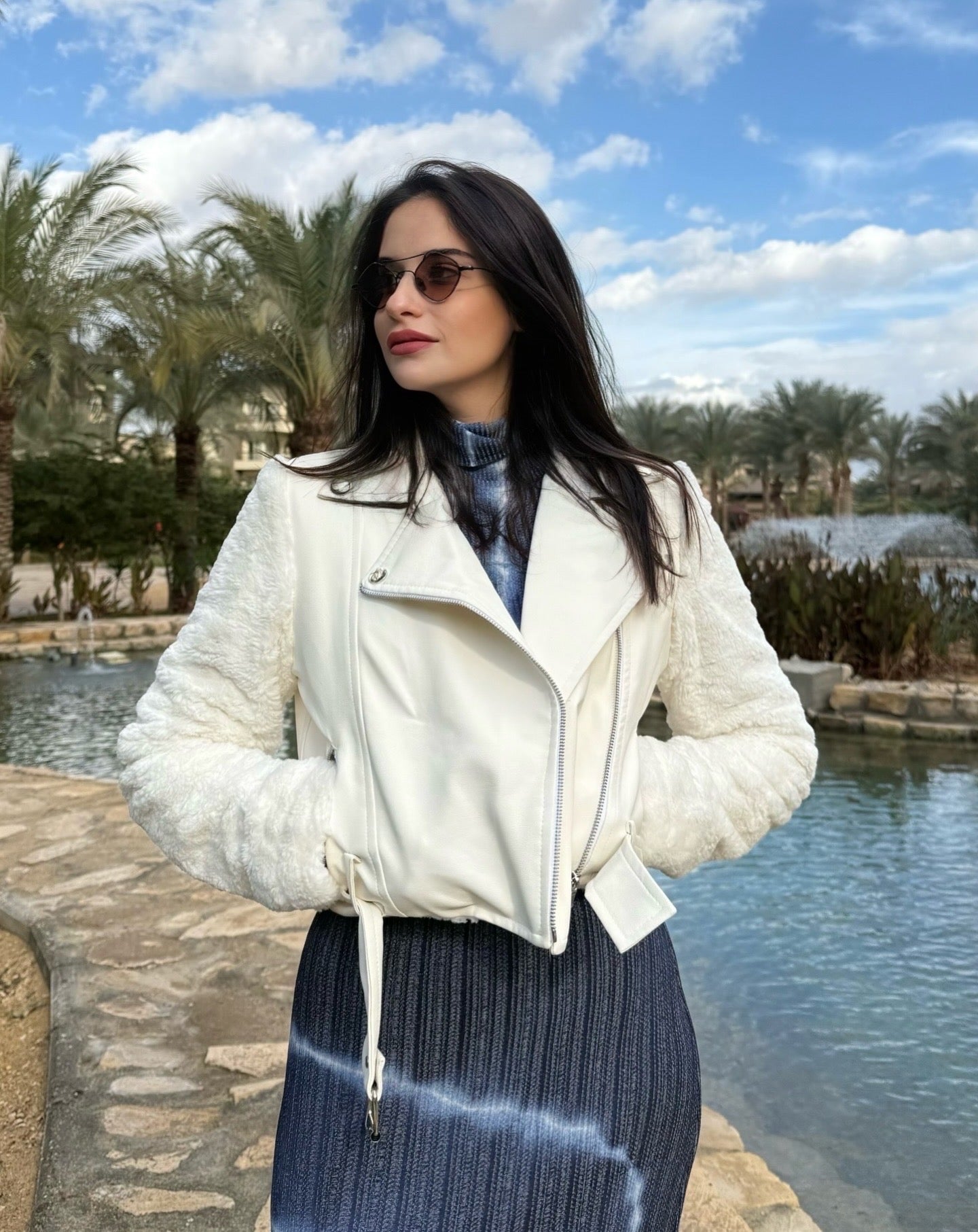 Off White Leather Jacket with Fur Sleeves