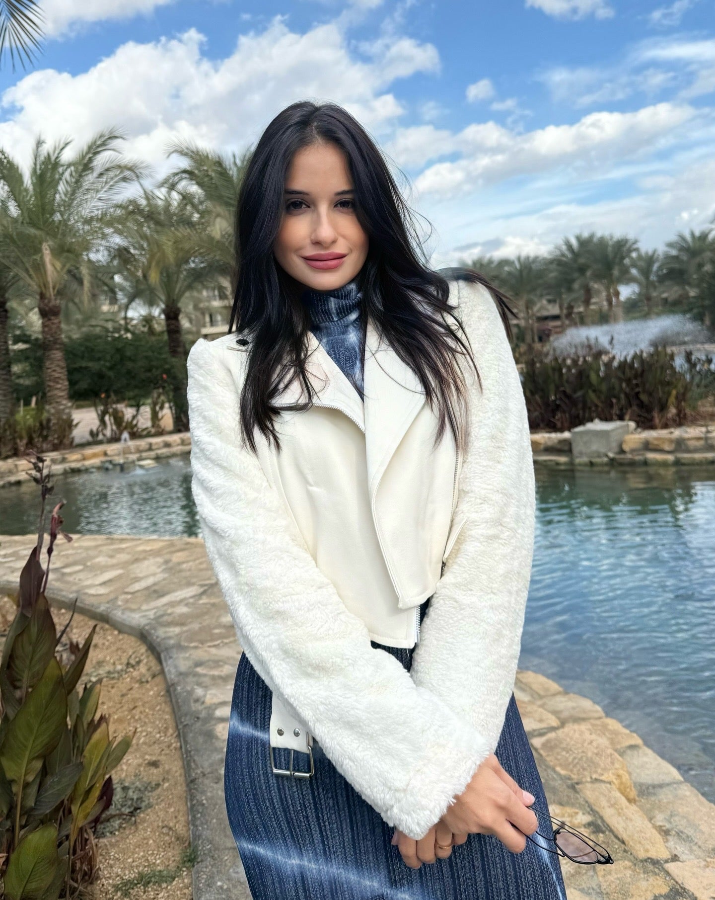 Off White Leather Jacket with Fur Sleeves