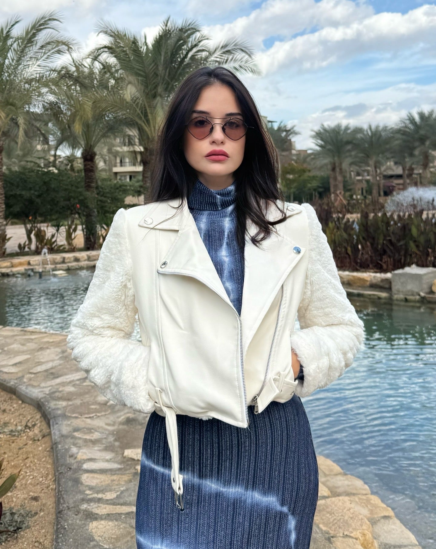 Off White Leather Jacket with Fur Sleeves