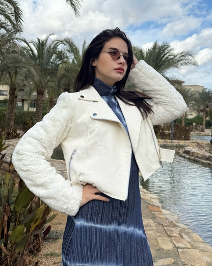 Off White Leather Jacket with Fur Sleeves