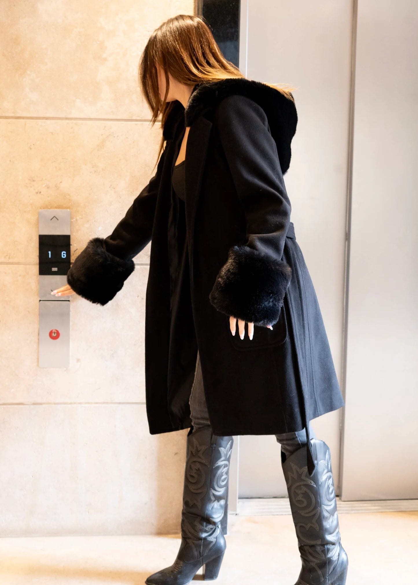 Black Coat with fur Hoodie and Cuffs