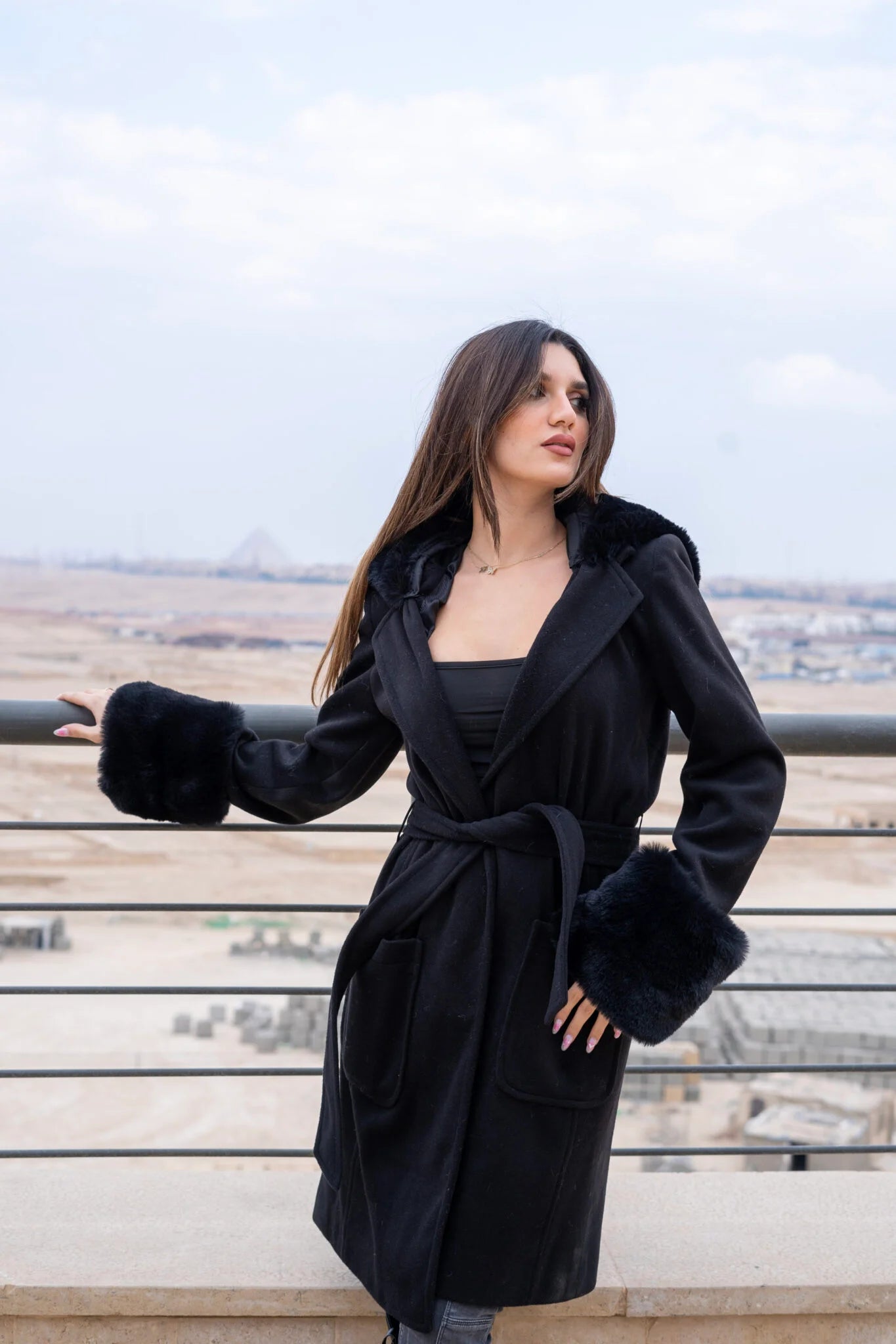 Black Coat with fur Hoodie and Cuffs