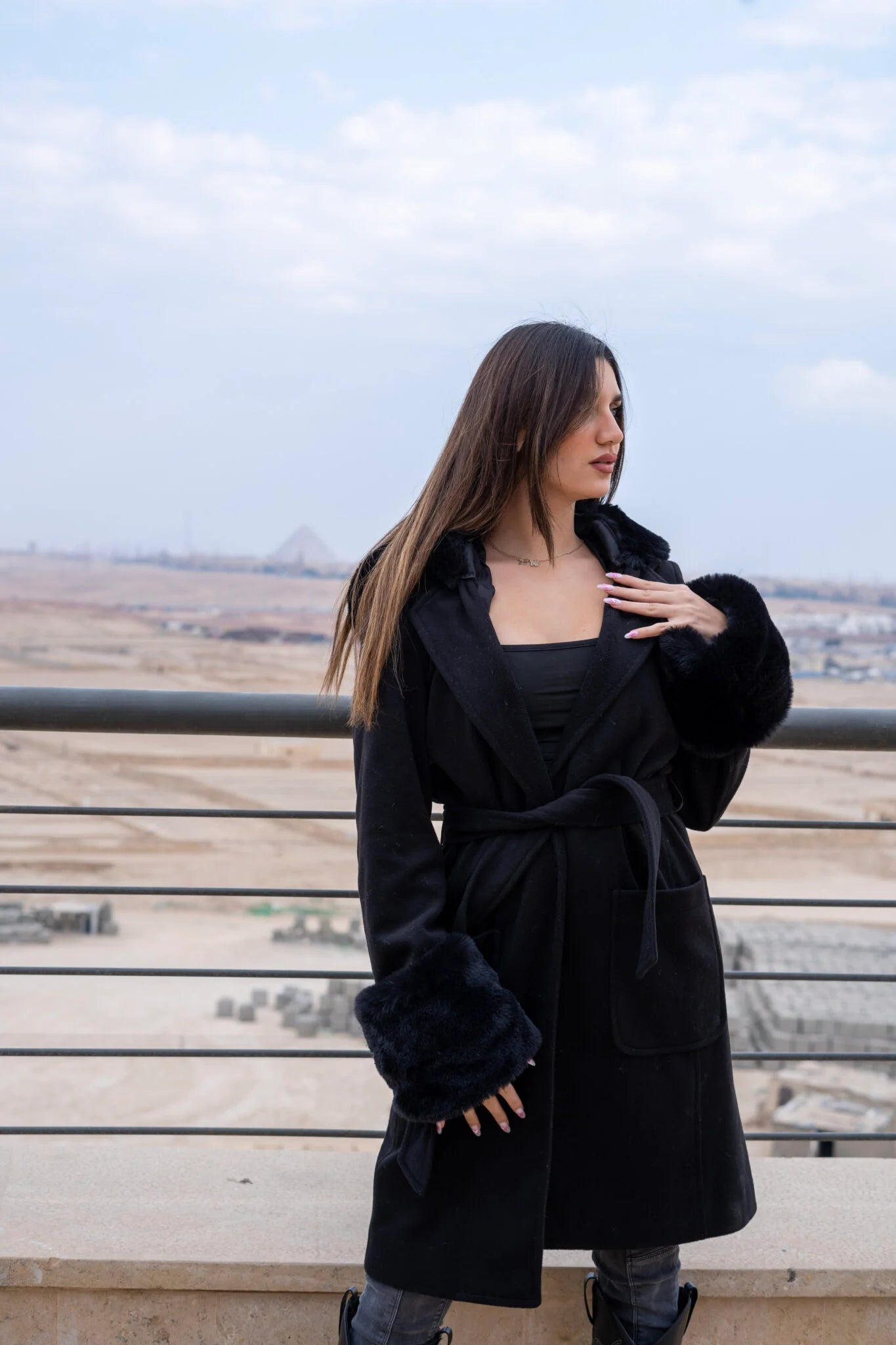 Black Coat with fur Hoodie and Cuffs