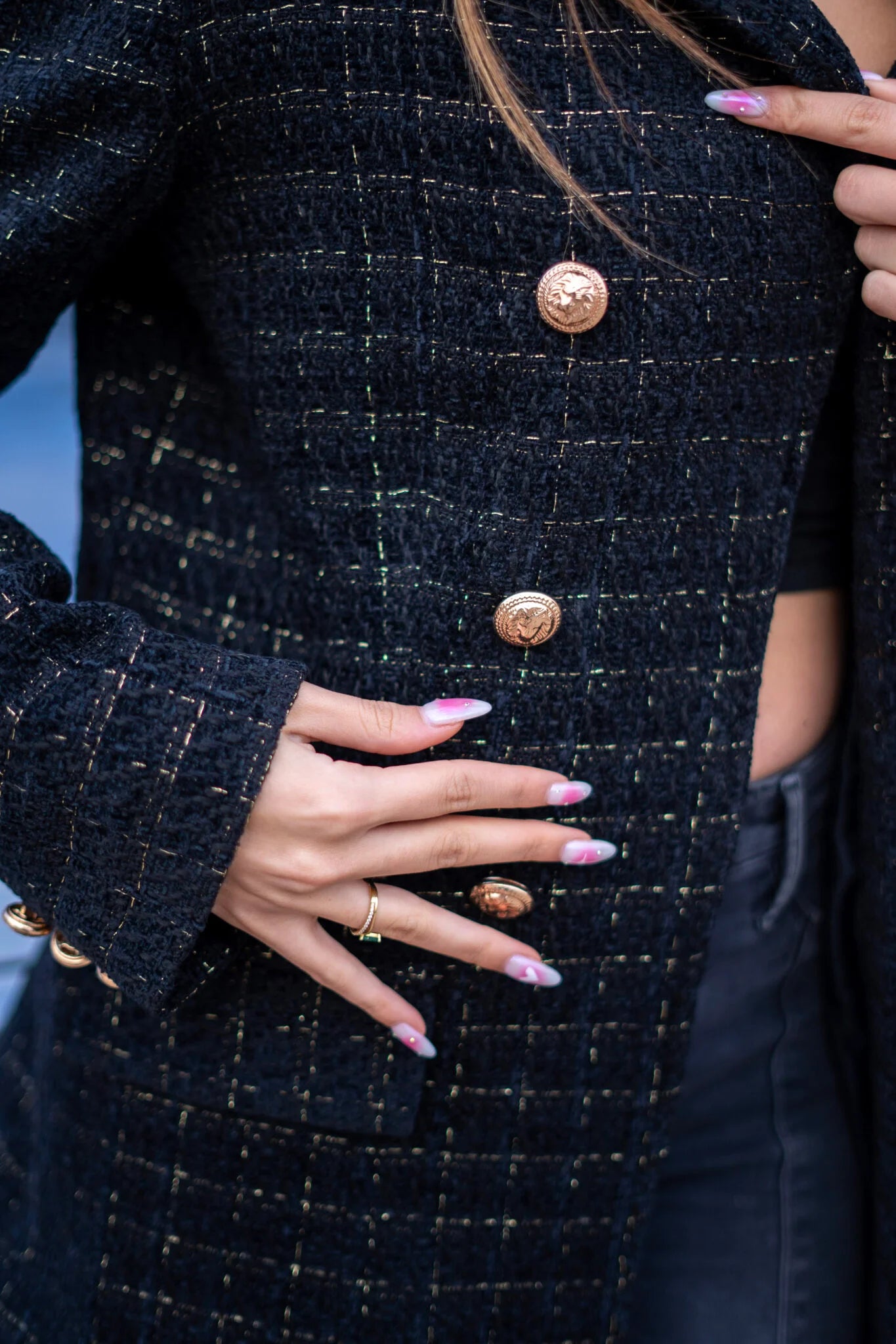 Over sized Black tweed blazer with gold threads