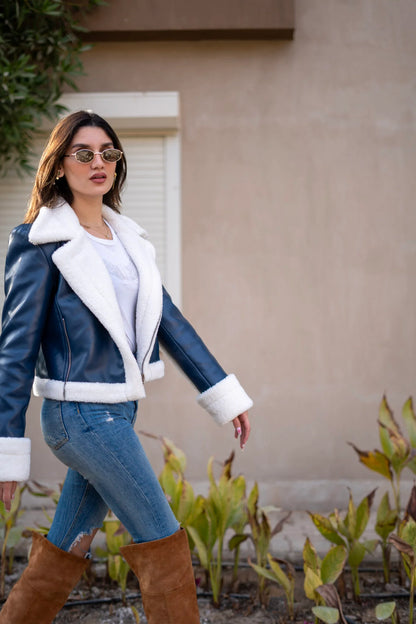 Navy-blue Leather shearling jacket