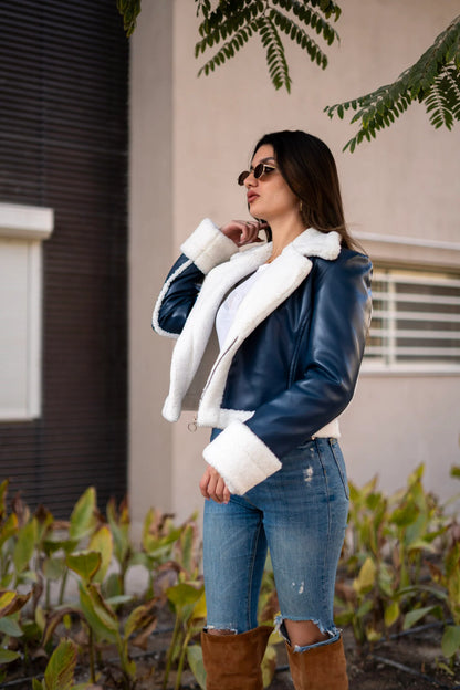 Navy-blue Leather shearling jacket