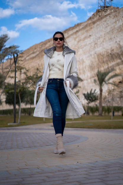 Off-White Coat with patterned fur hoodie and cuffs