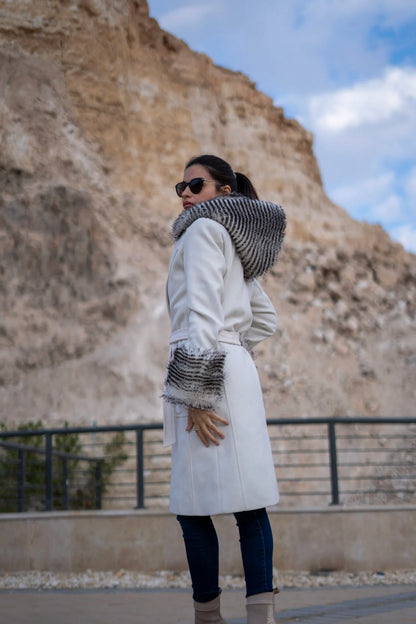 Off-White Coat with patterned fur hoodie and cuffs