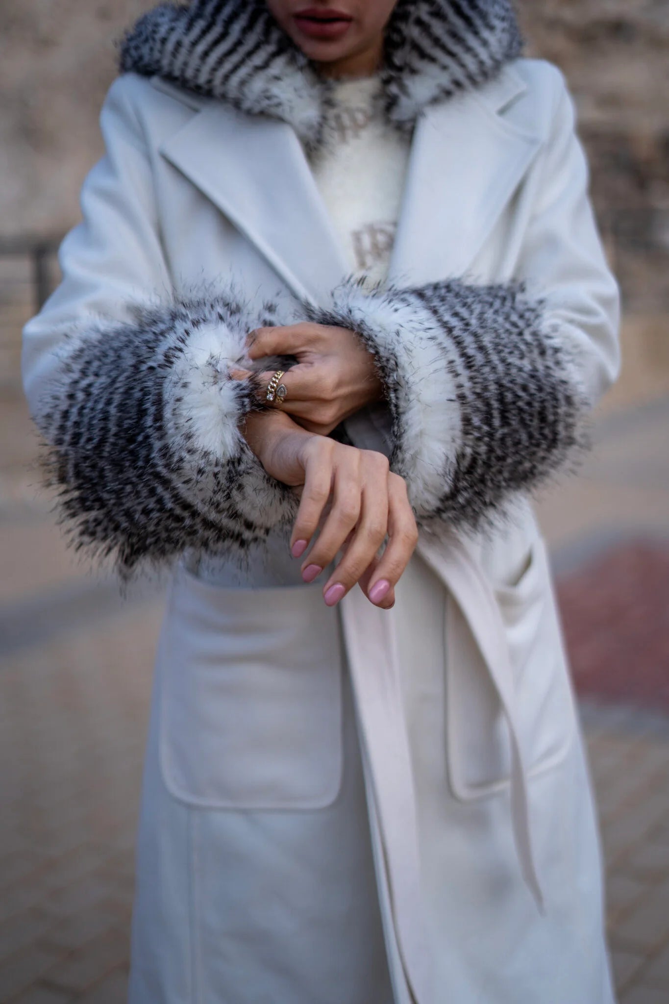 Off-White Coat with patterned fur hoodie and cuffs