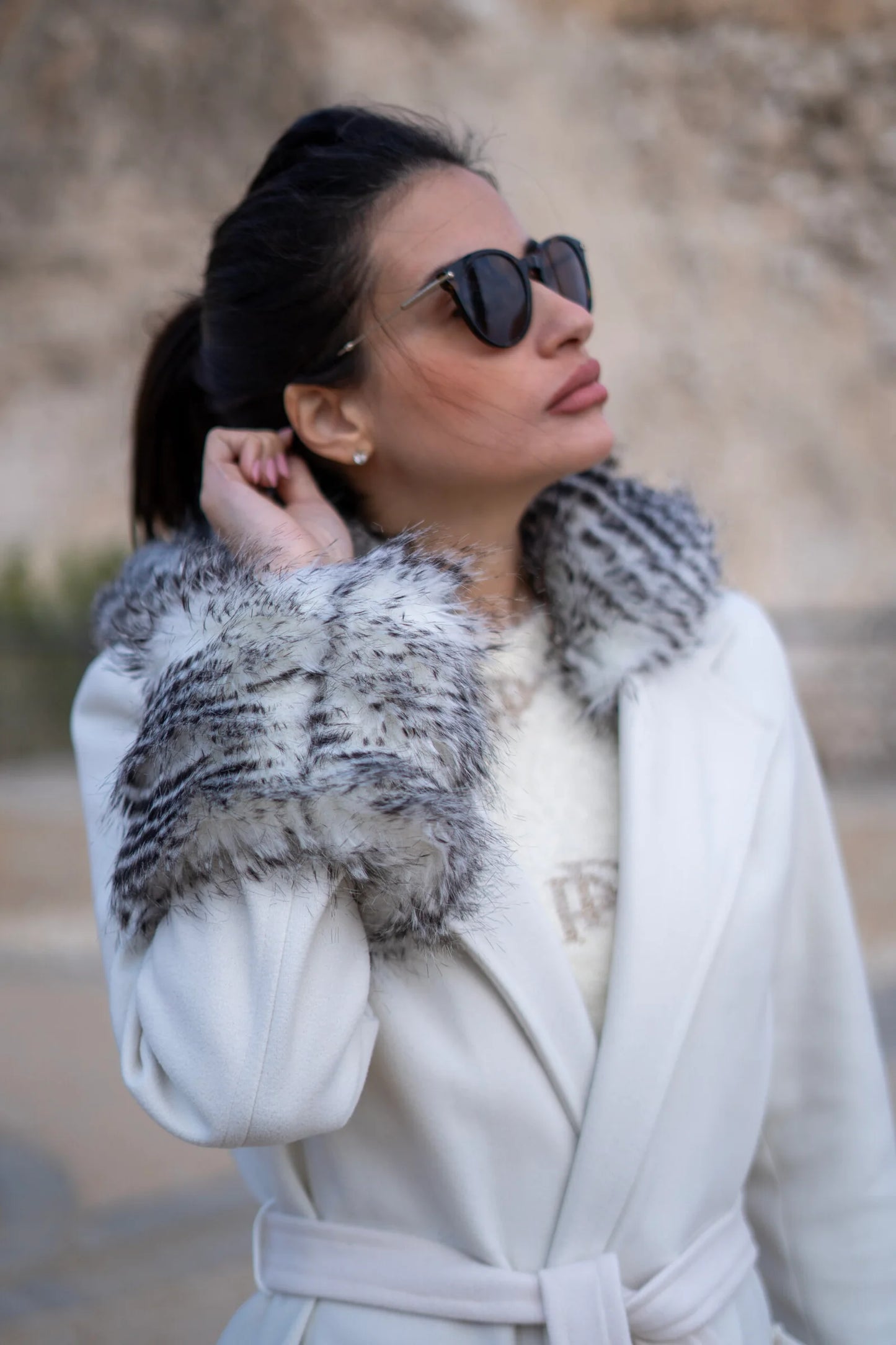 Off-White Coat with patterned fur hoodie and cuffs