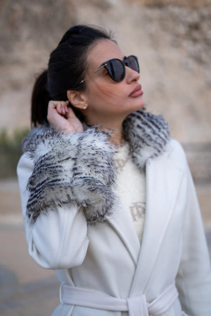 Off-White Coat with patterned fur hoodie and cuffs