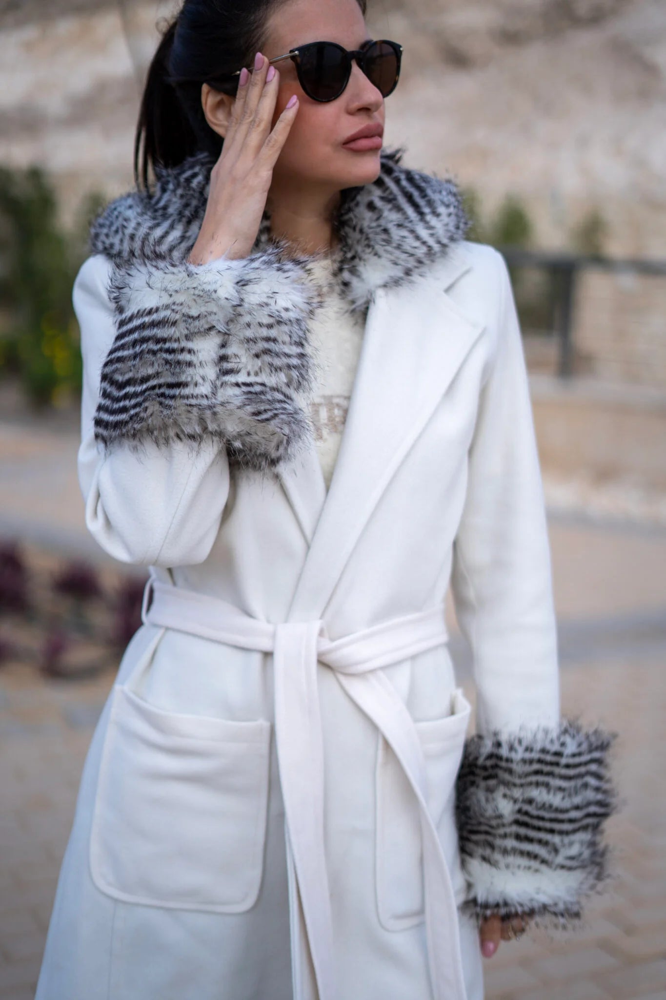 Off-White Coat with patterned fur hoodie and cuffs