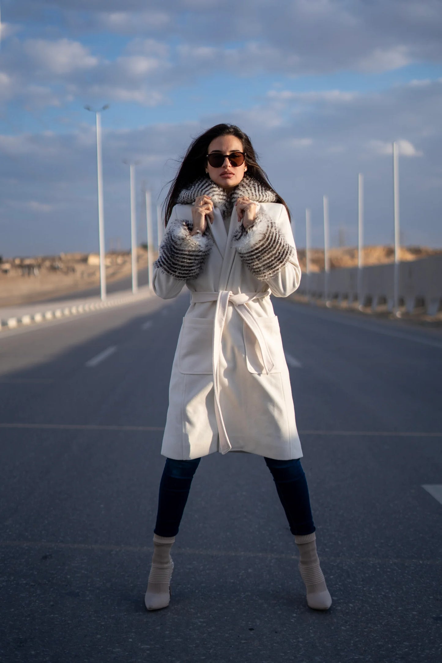 Off-White Coat with patterned fur hoodie and cuffs