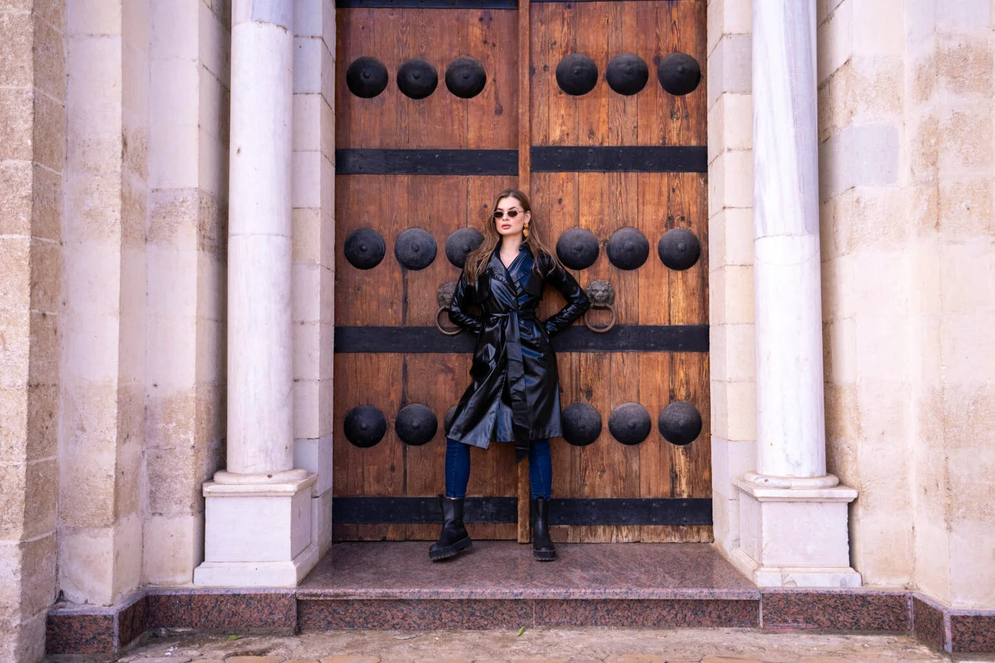 Long Black Leather Trench Coat