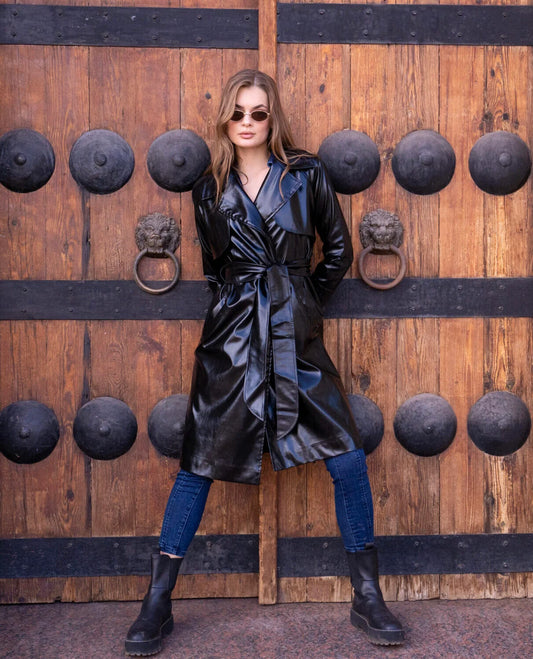 Long Black Leather Trench Coat