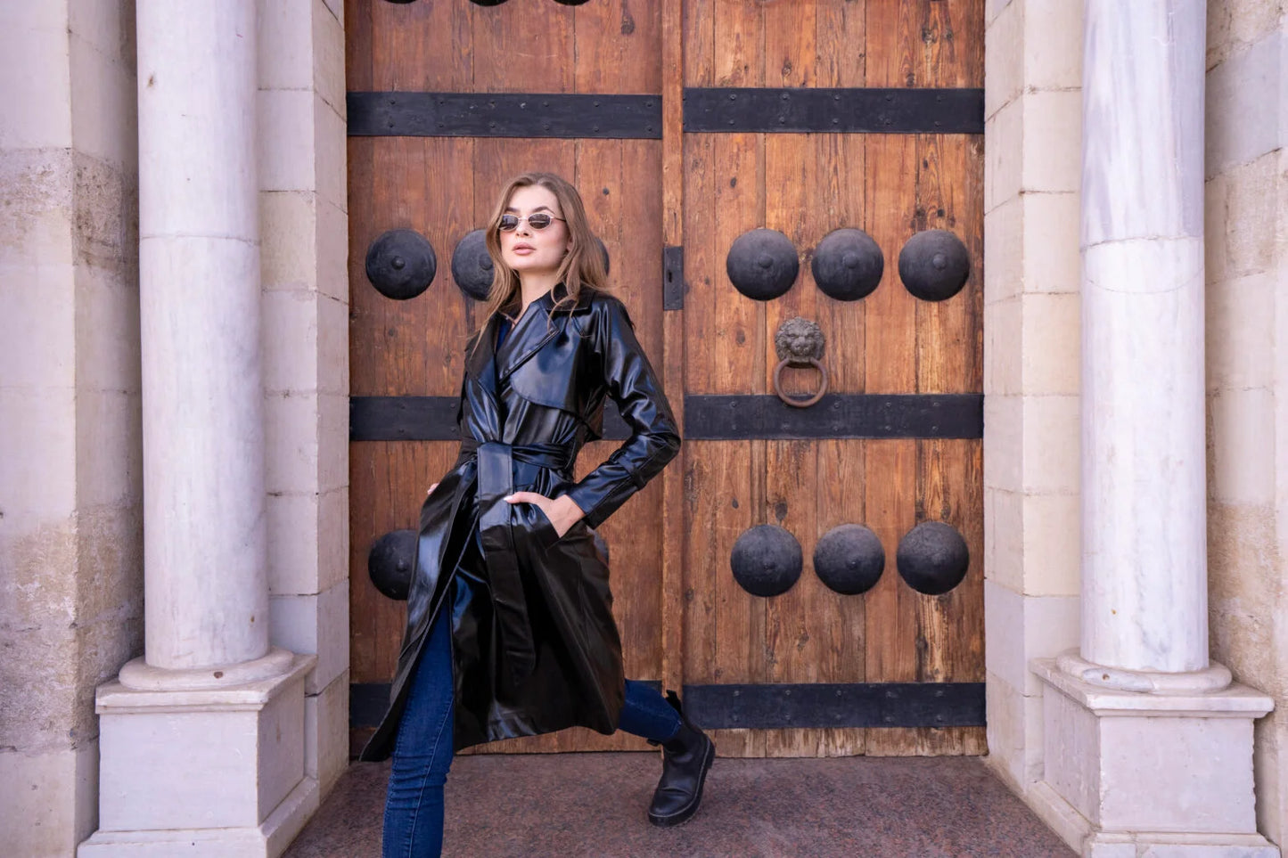 Long Black Leather Trench Coat