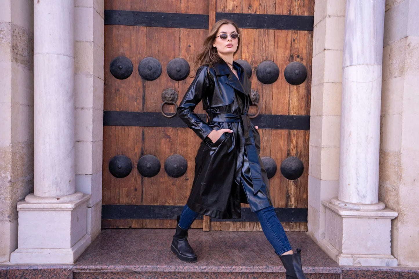 Long Black Leather Trench Coat