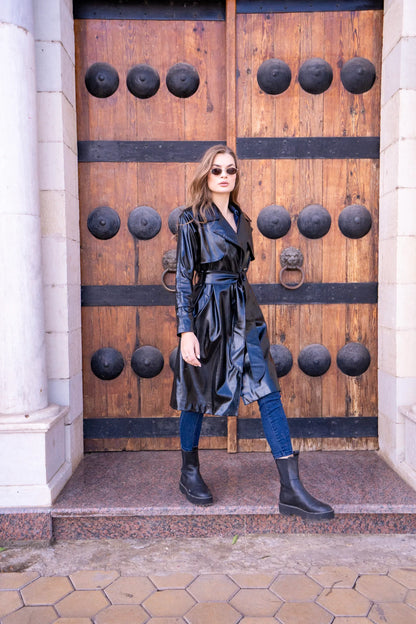 Long Black Leather Trench Coat