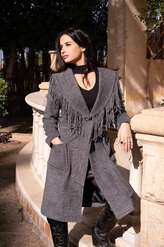 Grey wool coat with fringes