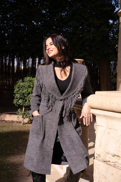 Grey wool coat with fringes