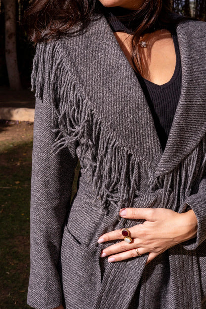 Grey wool coat with fringes