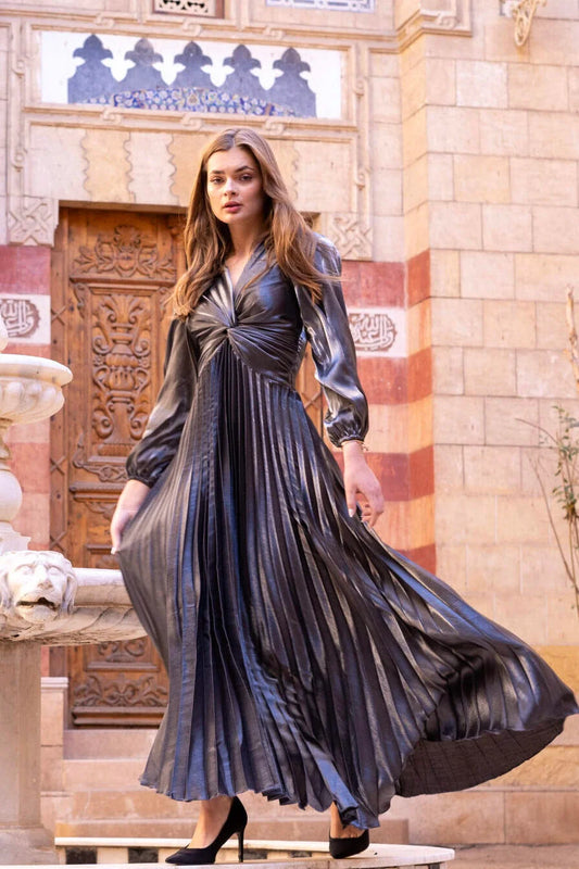 Shiny Pleated Dress With Balloon Sleeves