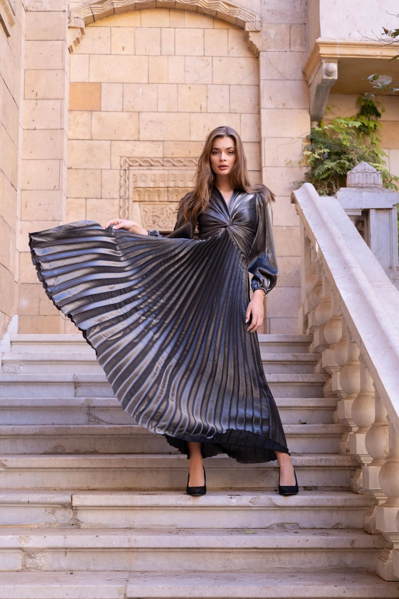 Shiny Pleated Dress With Balloon Sleeves