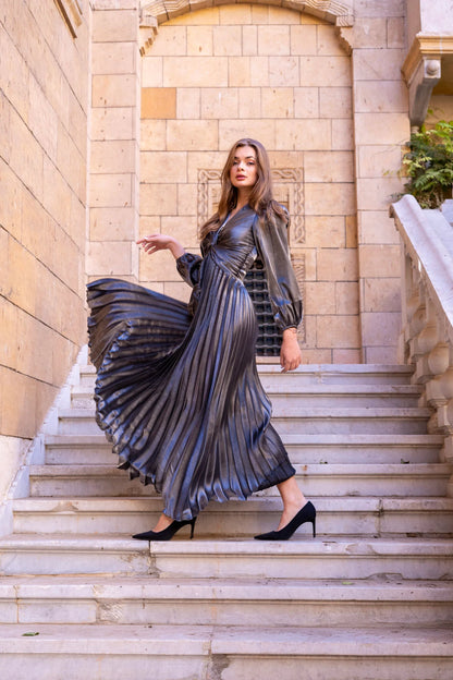 Shiny Pleated Dress With Balloon Sleeves