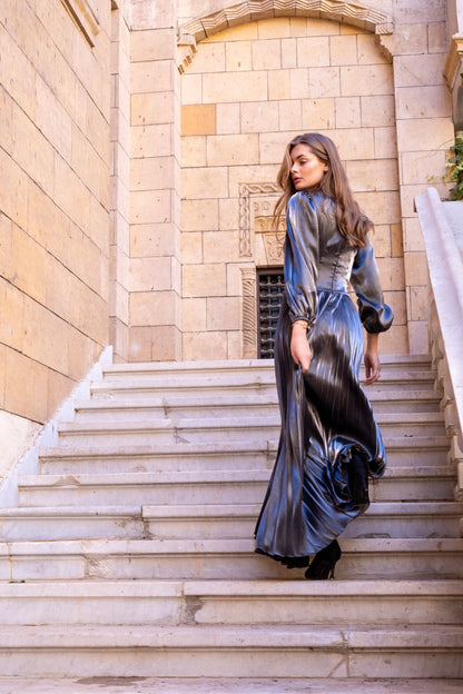 Shiny Pleated Dress With Balloon Sleeves