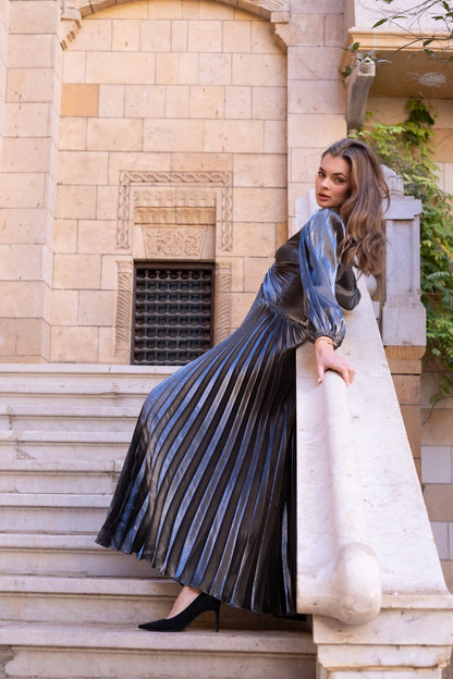 Shiny Pleated Dress With Balloon Sleeves