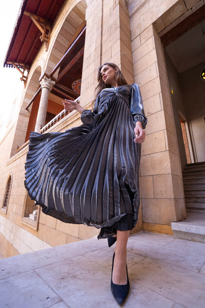 Shiny Pleated Dress With Balloon Sleeves