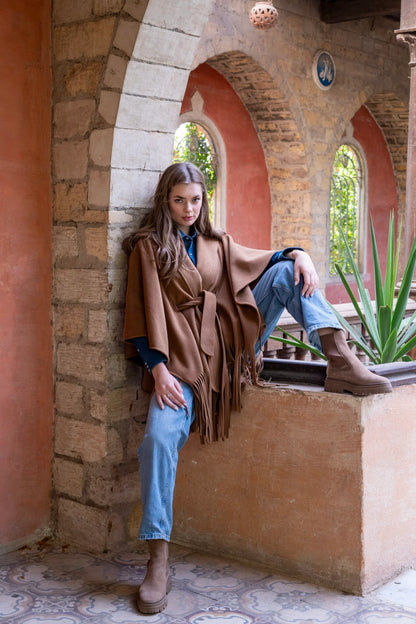 Camel Poncho With Fringes