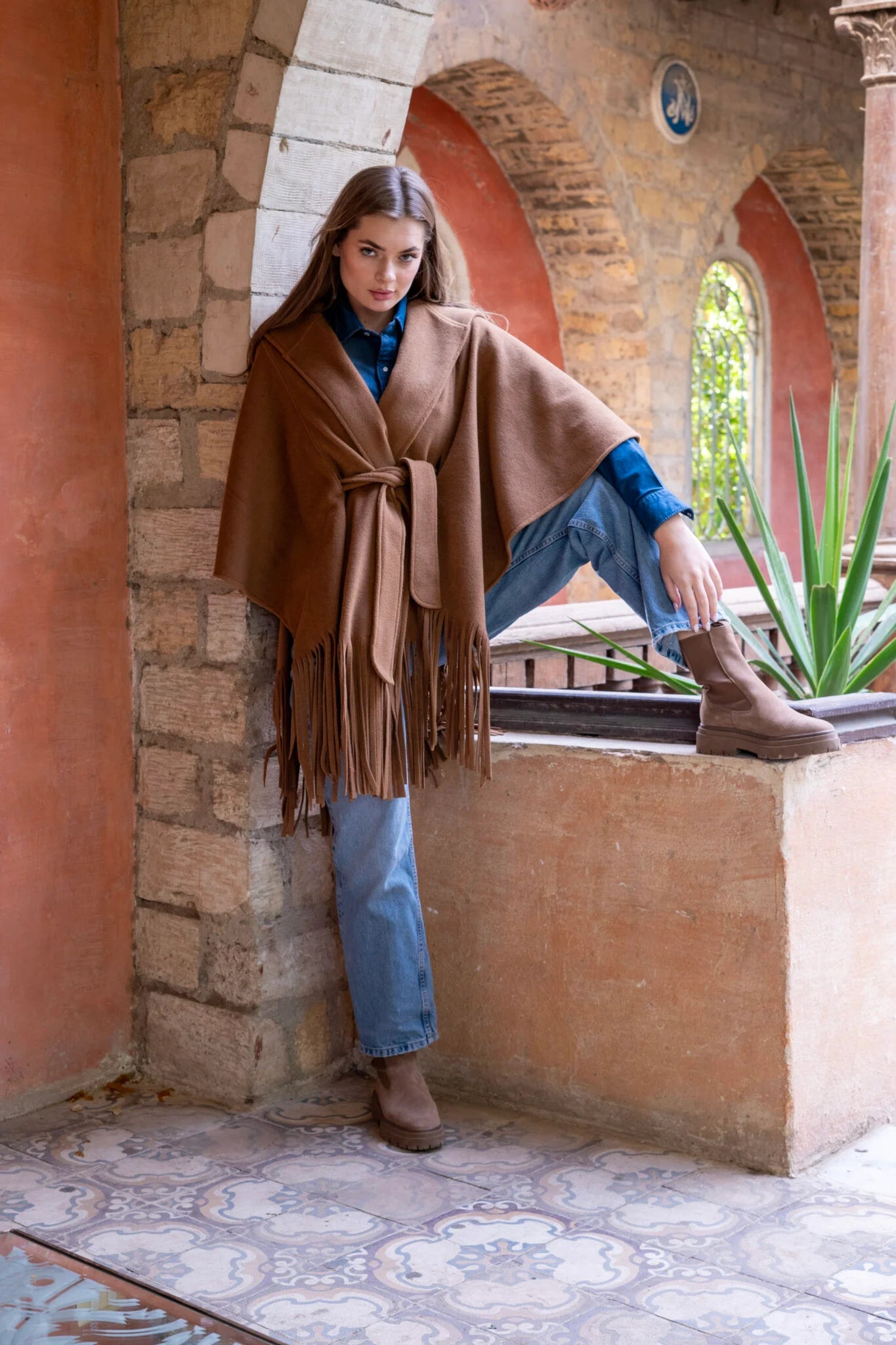 Camel Poncho With Fringes