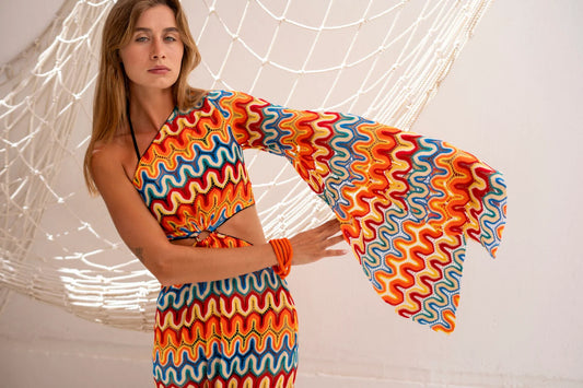 One Shoulder Patterned Woven  Knitted Beach Dress