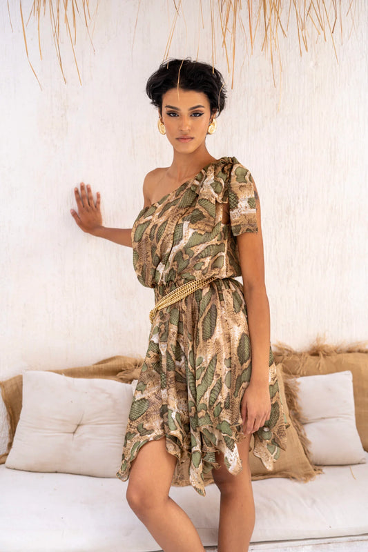 One Shoulder Chiffon Green Patterned Dress